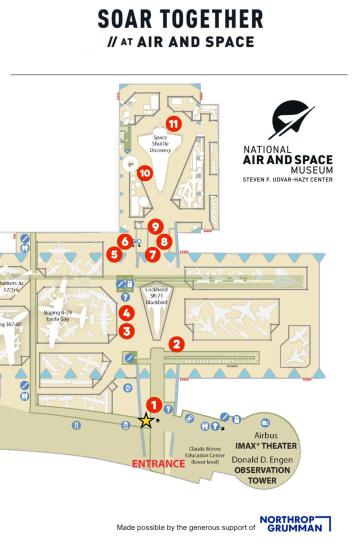 A map showing where activities will be stationed in the Steven F. Udvar-Hazy Center, more details in the caption. The bottom reads 'Made possible with the generous support of Northrop Grumman.'