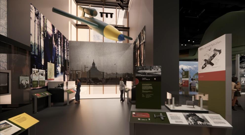 Rendered image of a museum exhibition that features World War II era artifacts.