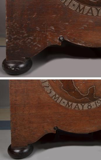 Close-up of before and after of an antique wooden furniture piece with ornate inlays and spherical feet.