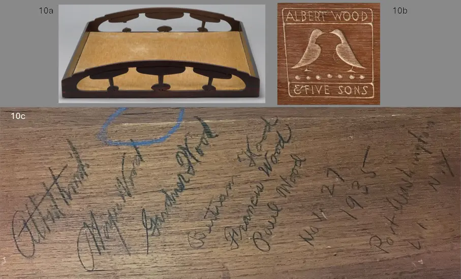 Collage featuring three items: a wooden rack with curved handles and slotted sides; a square label with the text 'Albert Wood, Five Sons'; showing a wooden surface with various signatures and a date marked in blue.