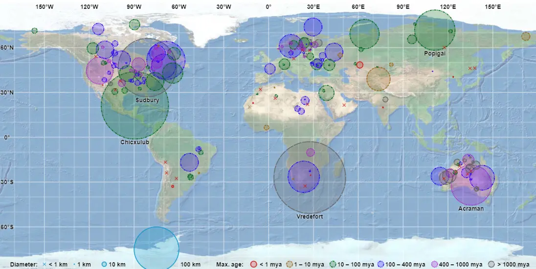 A map of Earth that that circles where impact craters are located.