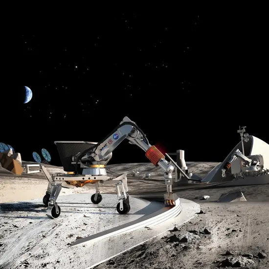 A rendering of a robotic 3d printer with four wheels and a long arm coming out of the top, all on the surface of the Moon. The arm is printing out material into the shape of a wall.
