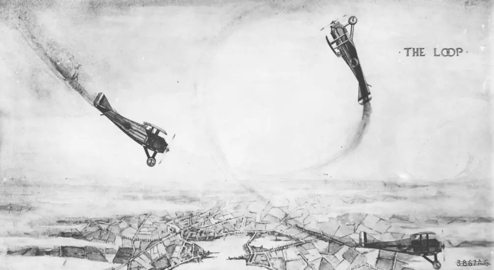 A black and white illustration of an airplane looping upward in the sky, then travelling in a circle to continue it's path of travel. 