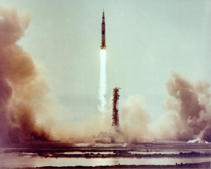 Wide shot of Apollo 11 launch. 