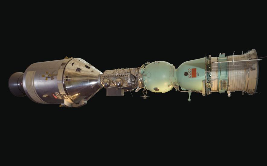 View of a American spacecraft attached to a Soviet Soyuz spacecraft.  