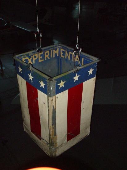 Red, white and blue metal balloon basket flown at a centennial commemoration of John Wise's Jupiter balloon flight