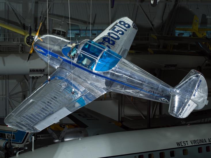 Silver painted plane hanging in the museum. 