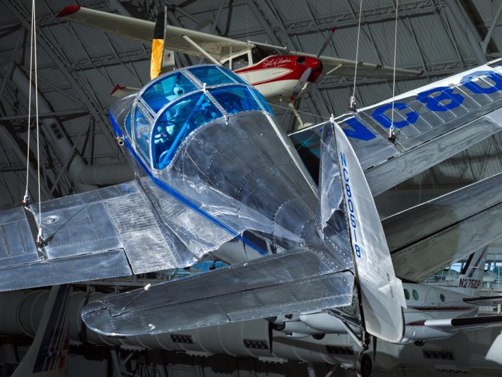 Silver painted plane hanging in the museum. 