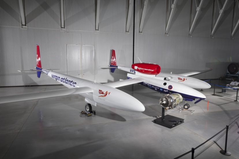 White, red, and blue turbofan-powered aircraft. 