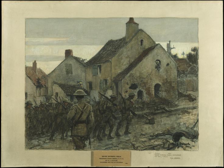 Soldiers move through a town. 