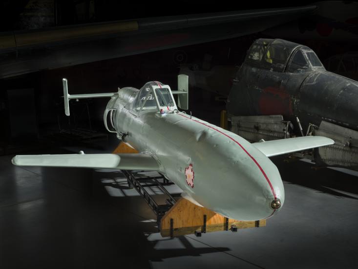 View of a nose of a Japanese single seat airplane. 