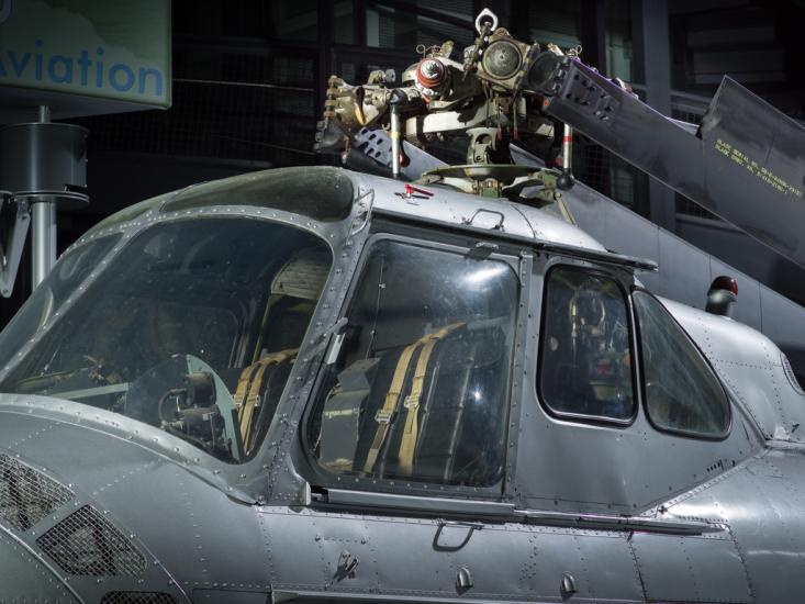 View of the cockpit and propellers of a helicopter. 