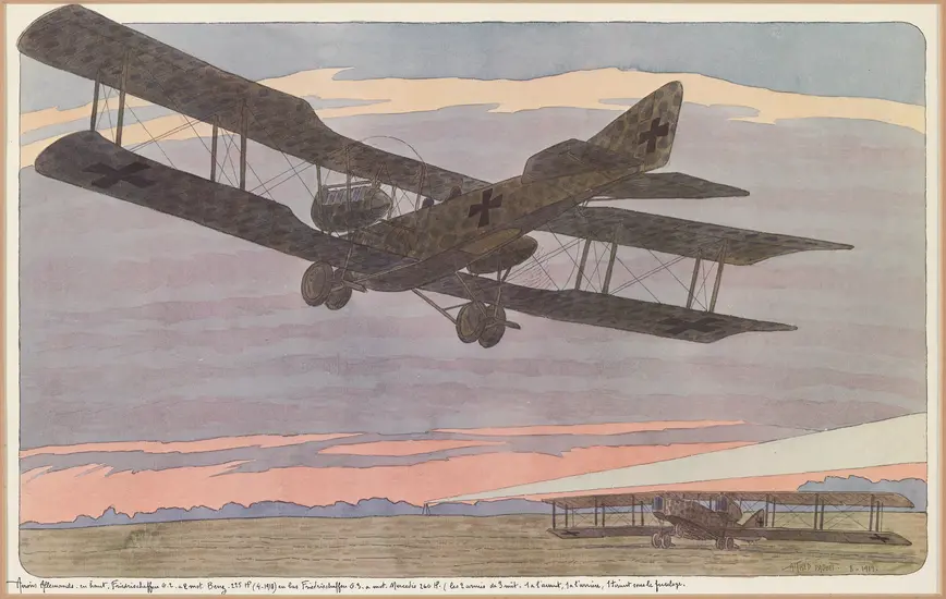 Two German twin-engine biplanes from WW1 period; one in flight, one on the ground against an evening sky. A search beacon is in the background. 