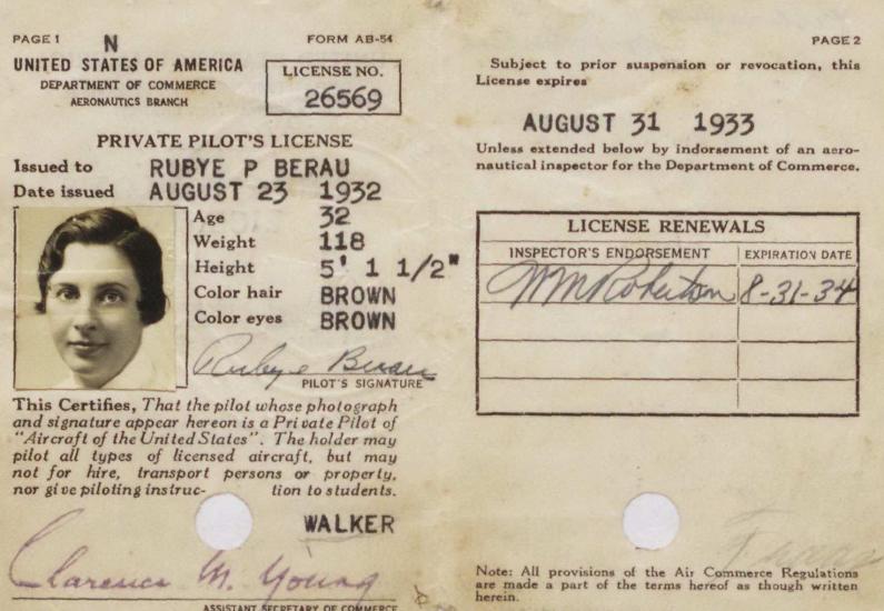 A pilot's license with Rubye P. Bearu's picture, signature, and physical details. It was issued August 23, 1932.