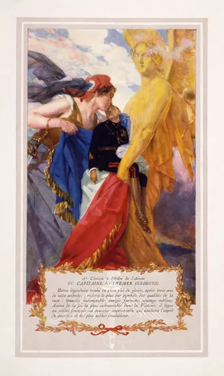 An illustration of a pilot, appearing to be dead or sleeping, being kissed by a larger than life woman that seems to represent France, help by a larger than life gold winged god. They are draping the pilot in the French flag. The caption is in French, but speaks to his tenacity, energy, courage, and spirit of sacrafice. 