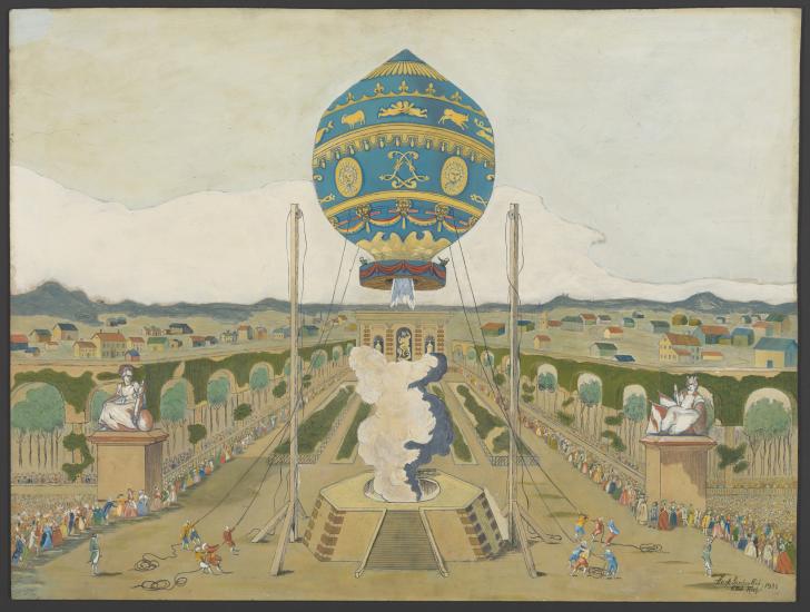 Historical artwork of the Montgolfier brothers' first public balloon demonstration at Versailles in 1783. The image features a large, decorated balloon tethered to the ground, with figures of royalty observing from a stylized garden, and crowds gathering around to watch the spectacle.