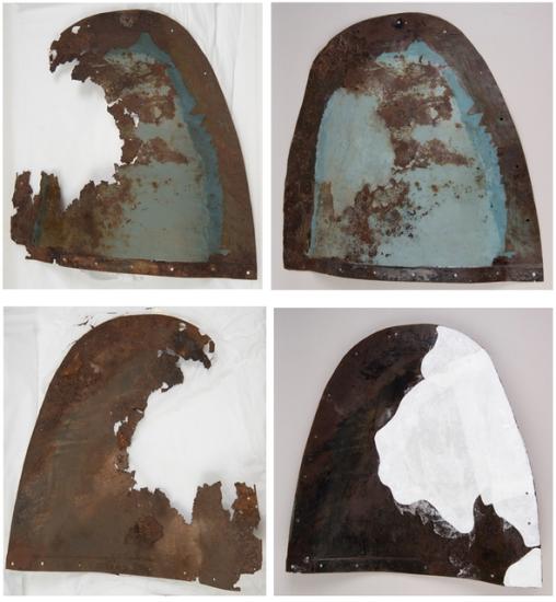 Four panels show different stages of conservation treatment on the fairing of the Horten Ho 229 V3, a gray, World War II-era military aircraft.