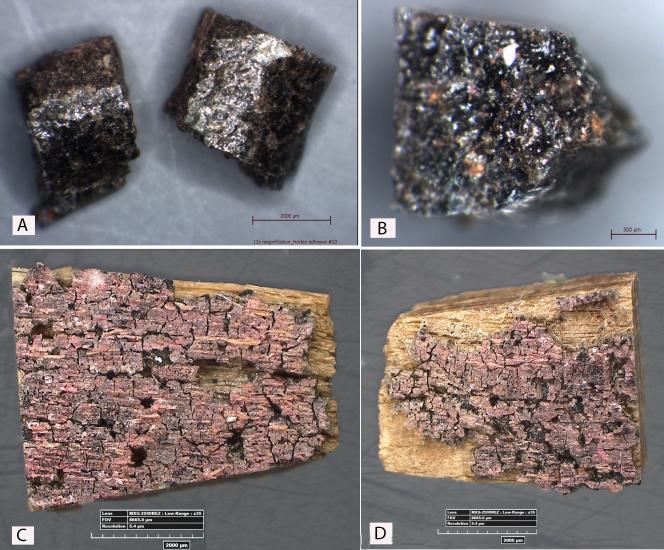 Four separate samples of a World War II era aircraft where adhesives were used on two sections of structural supports (A and B) and on spacer blocks (C and D).