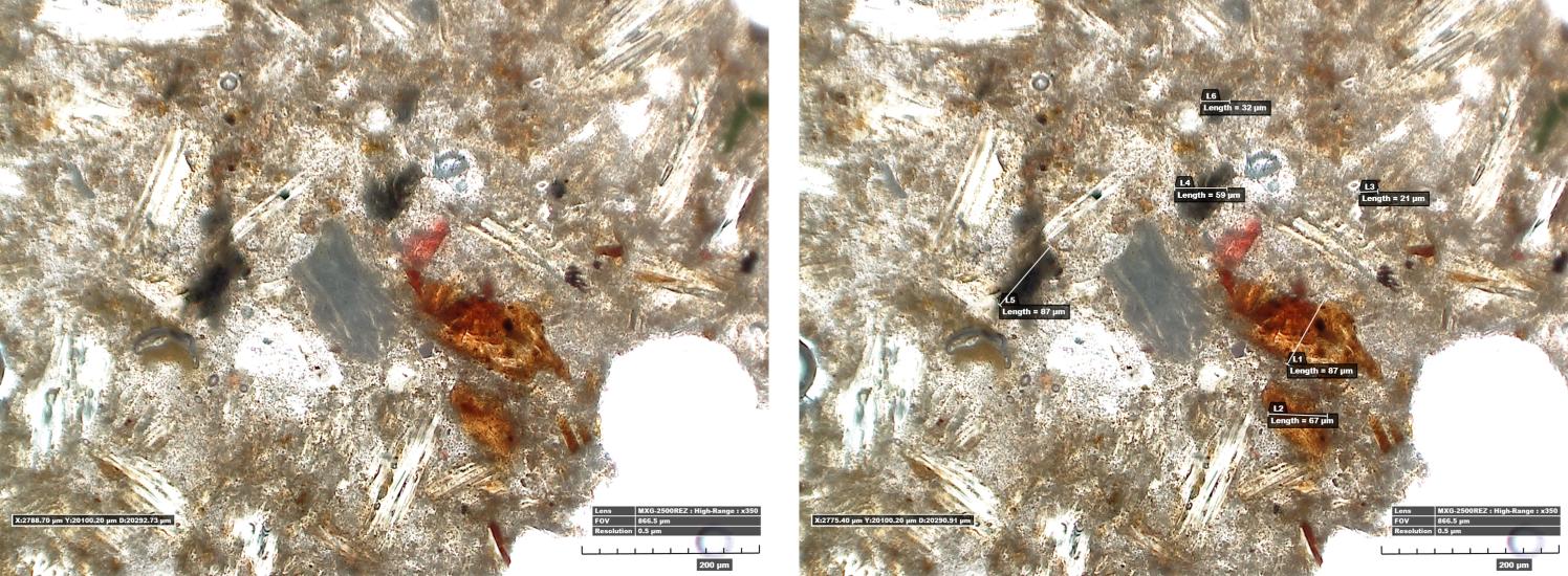 Two microscopic views of one thin section of an adhesive with multtiple black and orange particles visible in the light brown-colored adhesive. The right view shows measurements for the particles.