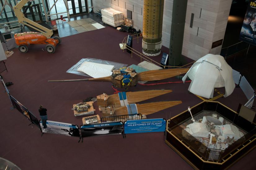 Parts of a large wind tunnel fan sit on the floor of the Museum prior to reconstruction.