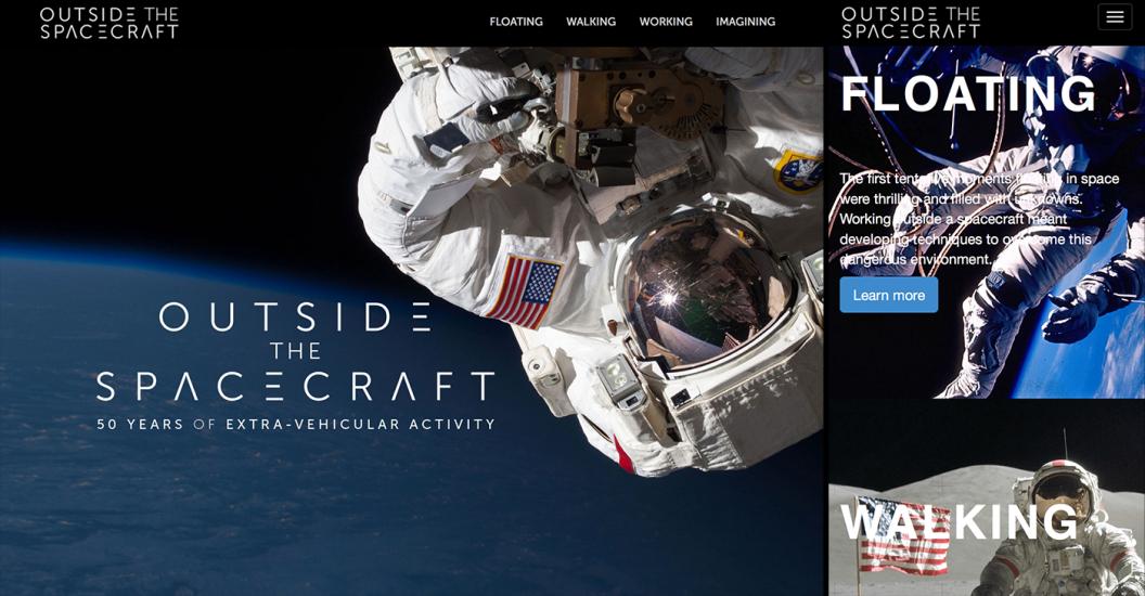 Screenshot of a museum website on fifty years of spacewalks. The website features two images of astronauts during a spacewalk, and another astronaut walking on the Moon.