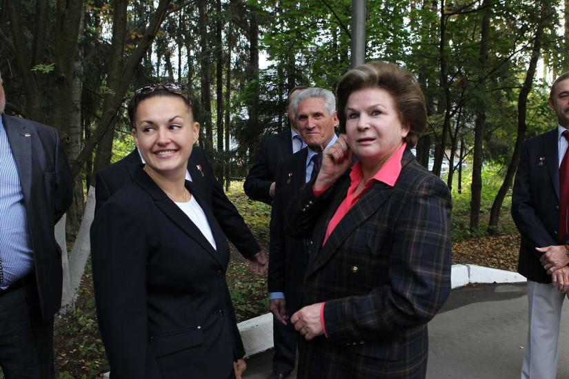 Female Cosmonaut Elena Serova, on the left, meets the first female Cosmonaut to enter space, Valentina Tereshkova.