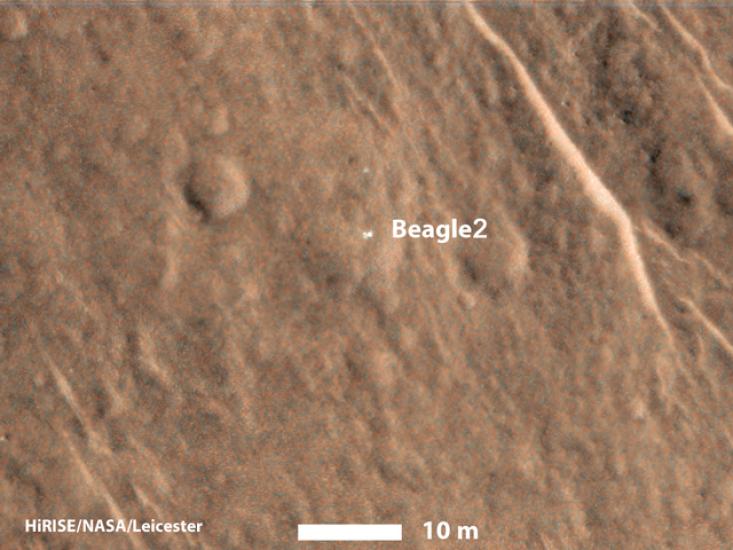 A partial satellite view of Mars with the location of a lander spacecraft indicated as a white dot near the center.