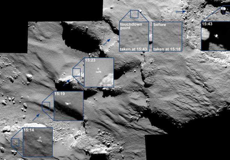 Different perspectives of a small spacecraft landing on a comet from the perspective of its mother spacecraft. The comet has a gray, rocky appearance.