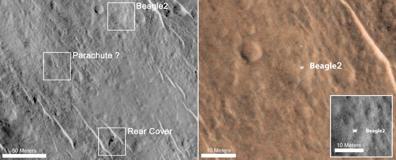 Two satellite perspectives of the area near the Beagle 2 Lander landing site. The left perspective shows the approximated landing sites of the lander, parachute, and cover. The right view shows a closer view of where the Beagle 2 Lander landed on Mars.