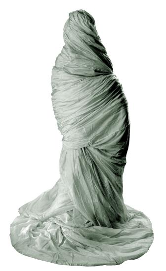 Large grey-colored parachute made with 110 yards of silk. The parachute was made with straight pieces of material.