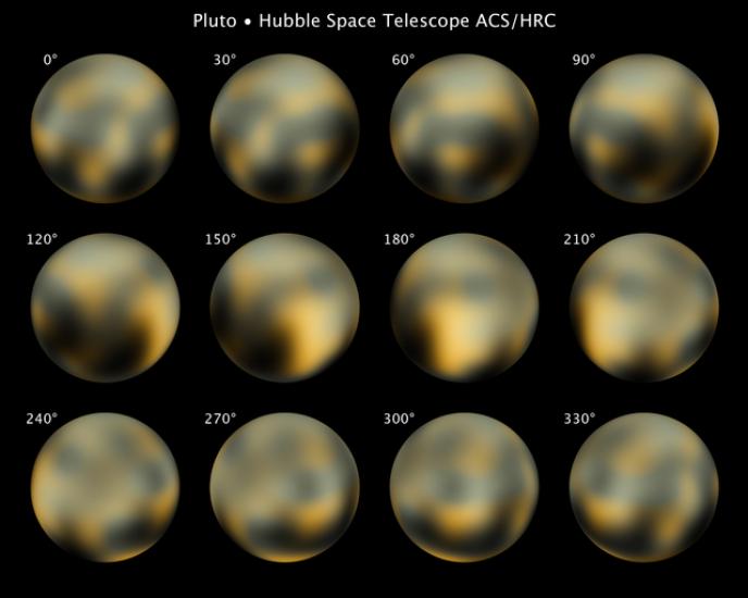 A set of different angles of Pluto from the perpsective of the Hubble Space Telescope. Each angle is taken thirty degrees apart, meaning some features of Pluto are visible from certain angles while others are not.