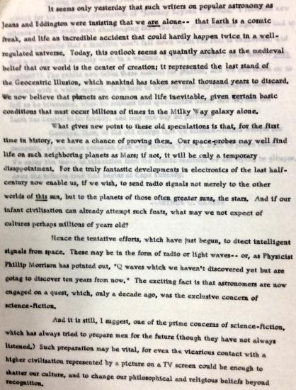 A typed, black ink manuscript written by Arthur C. Clarke. The manuscript is discussing science fiction and technology in development at the time.