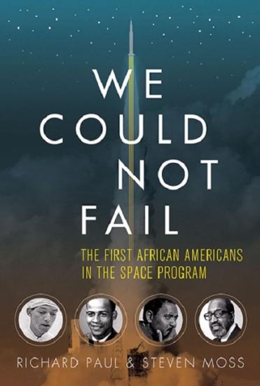 Book cover for a book discussing the first African-Americans in NASA's space program, with an icon-style portrait of each African-American below a stylized rocket entering space.