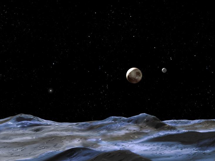 An artist's depiction of Pluto, a dwarf planet, and Charon, Pluto's largest and closest moon, from the perspective of being above another smaller moon belonging to Pluto.