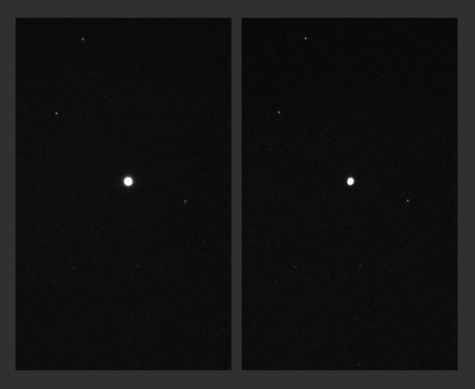 Two views of a white star in an otherwise mostly black sky. The white star in the left view image is at full brightness, whereas the right view shows the star at one third of its full brightness.