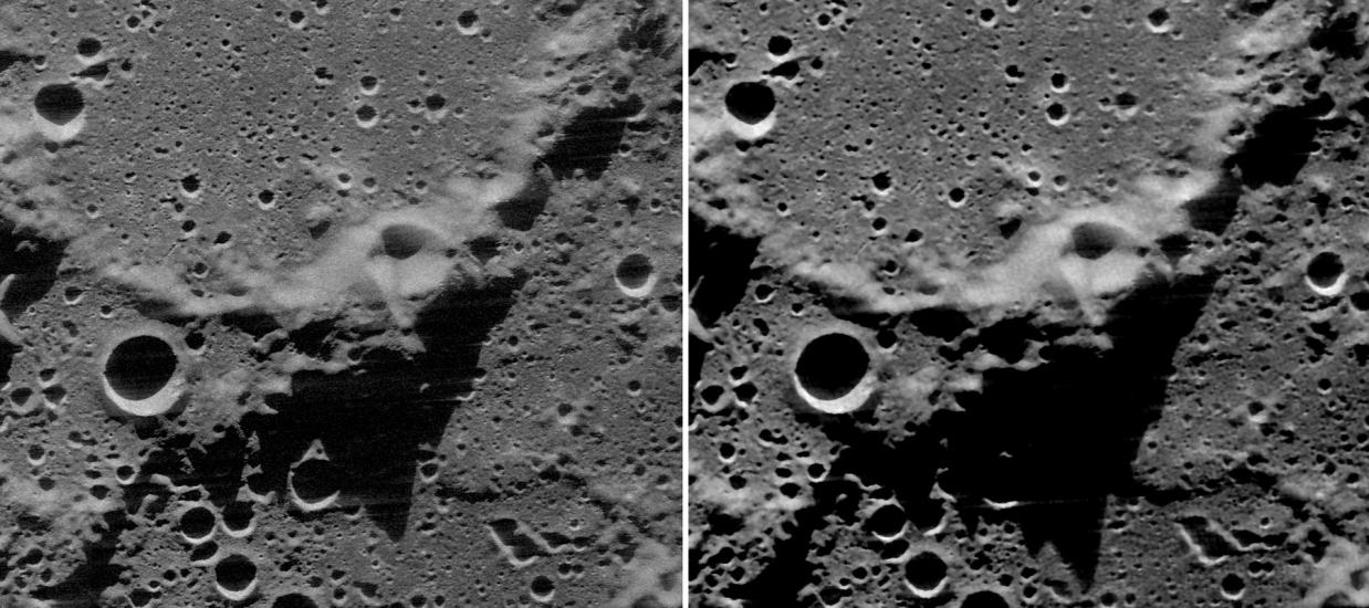 Two radar views of the same area of the Moon. The left view shows less prominent shadows compared to the right view.