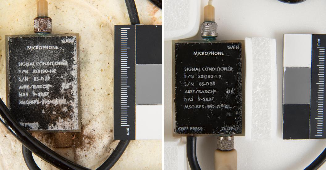 Comparison views of a rectangular object and corresponding cables belonging to an Apollo-era medical instrumentation harness before (left) and after (right) receiving conservation treatment. On the left image, corrrosion and discoloration can be seen on the object and nearby harness areas. On the right image, conservation treatment has been performed and the object is clean.