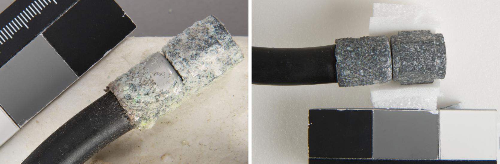 Comparison views of a microphone connector before and after conservation treatment. On the left, the connector has not received conservation treatment and is showing signs of corrosion based on its white appearance. On the right, conservation treatments have been performed and the connector has a mostly gray appearance.