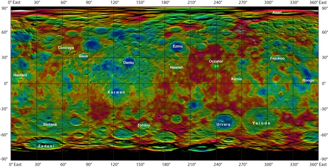 Multi-colored map of Ceres showing the topography of the dwarf planet. Blue represents the lowest points on the planet whereas the highest points are represented in white.