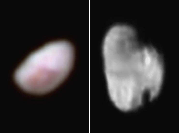 Blurry, close-up perspectives of two of Pluto's moons. Nix is seen in color on the left side as a semi-spherical celestial body. Hydra is on the right side in grayscale, and also appears as a semi-sphere.