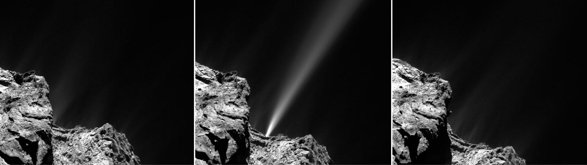 Black and white perpsective of a jet of gases exploding from the surface of a comet.