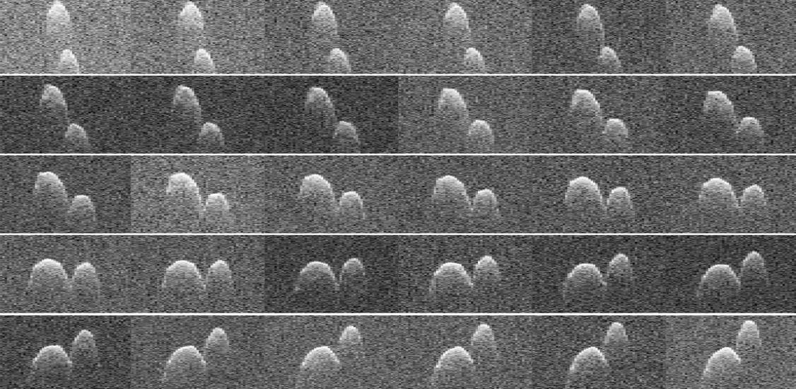 A set of 30 different radar perspectives of a peanut-shaped asteroid during its closest approach to Earth.