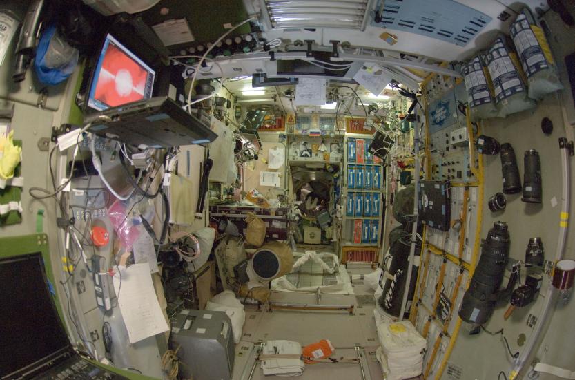 Interior view of a module that is part of the International Space Station.