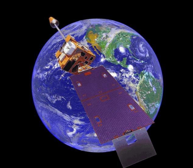 Animation of a satellite orbiting the Earth. The satellite has a box-shaped base and a large solar panel on one side.