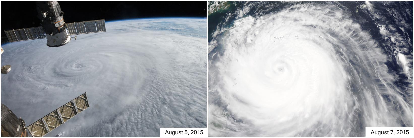 Two views showing different perspectives of a large typhoon in the Pacific Ocean. The left view shows the cloud formation from the International Space Station, while the right view shows a satellite view of the typhoon.