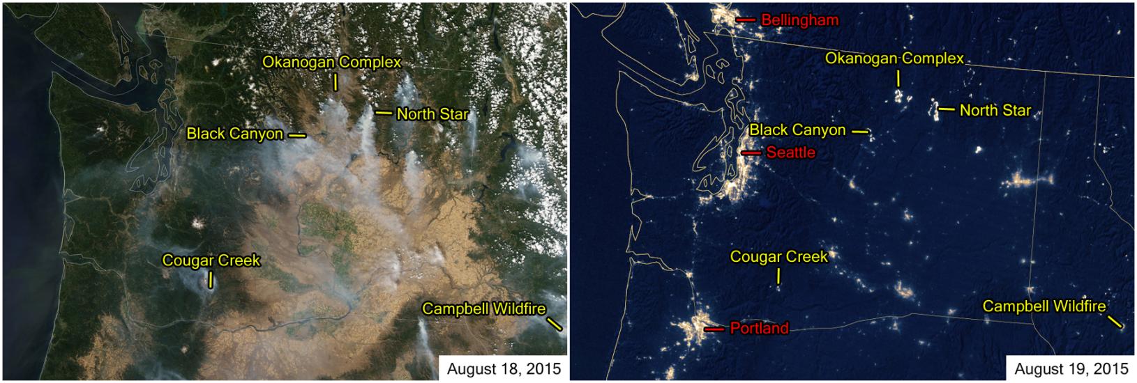 Two satellite perspectives of the Northwest United States region during a wildfire outbreak. The left view shows orange clouds of smoke visible from satellite. The right perspective shows lights visible from cities at nighttime as well as fires bright enough to be visible.