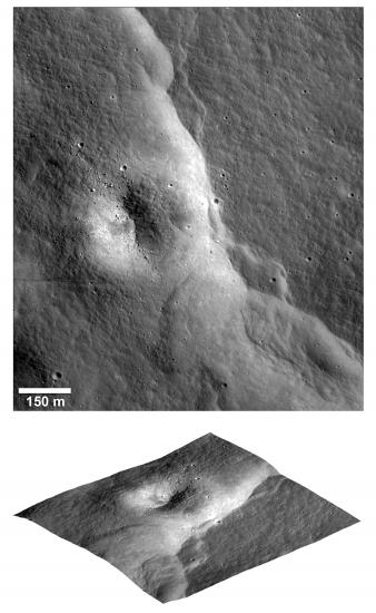 Two views of a large fault line of land rising on the Moon known as a fault scarp. The top view shows the downward-facing satellite view while the bottom view shows the perspective of what humans would see if they were on the Moon, looking at the fault scarp.