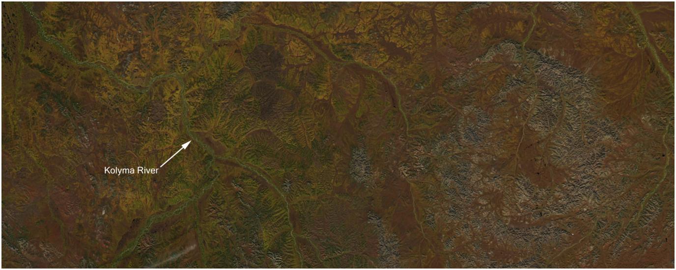 Satellite view of a section of Eastern Siberia, where leaves have begun to change from green to orange, yellow, and red colors as a part of the fall season.