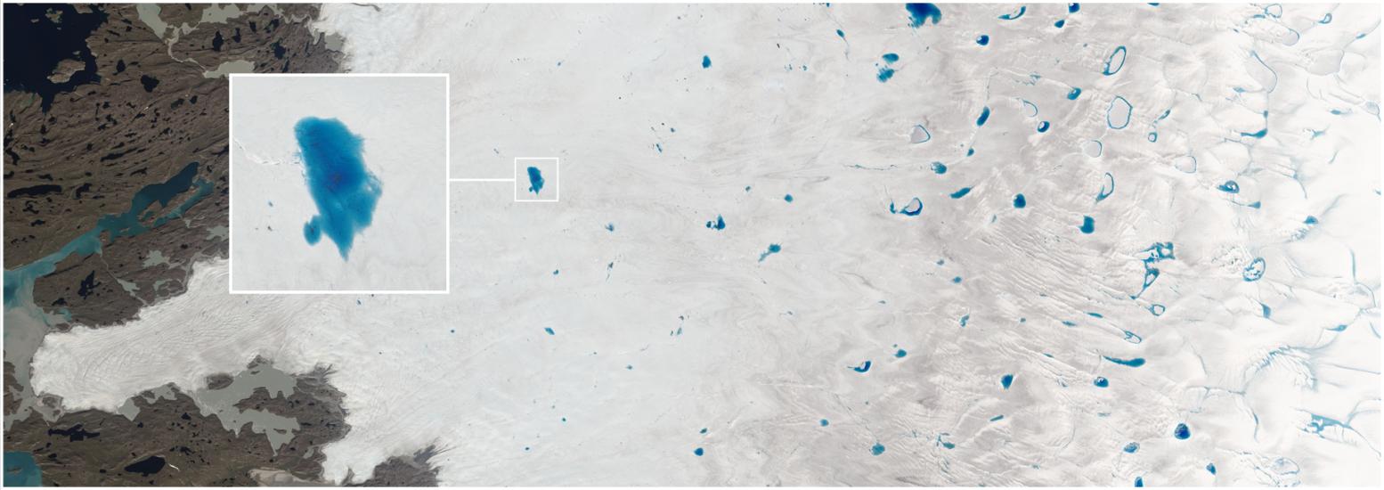 Satellite view of the Greenland ice sheet, where lakes of ice water have begun appearing. A panel shows a close-up view of one lake.