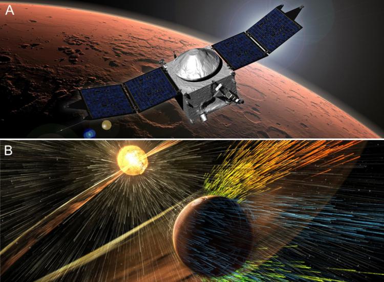 Two artist depictions involving Mars. In the first depiction, a spacecraft with a box-shaped base and multiple solar panels on two ends. The spacecraft is travelling over Mars. The second depiction shows a solar storm affecting the upper atmosphere of Mars.